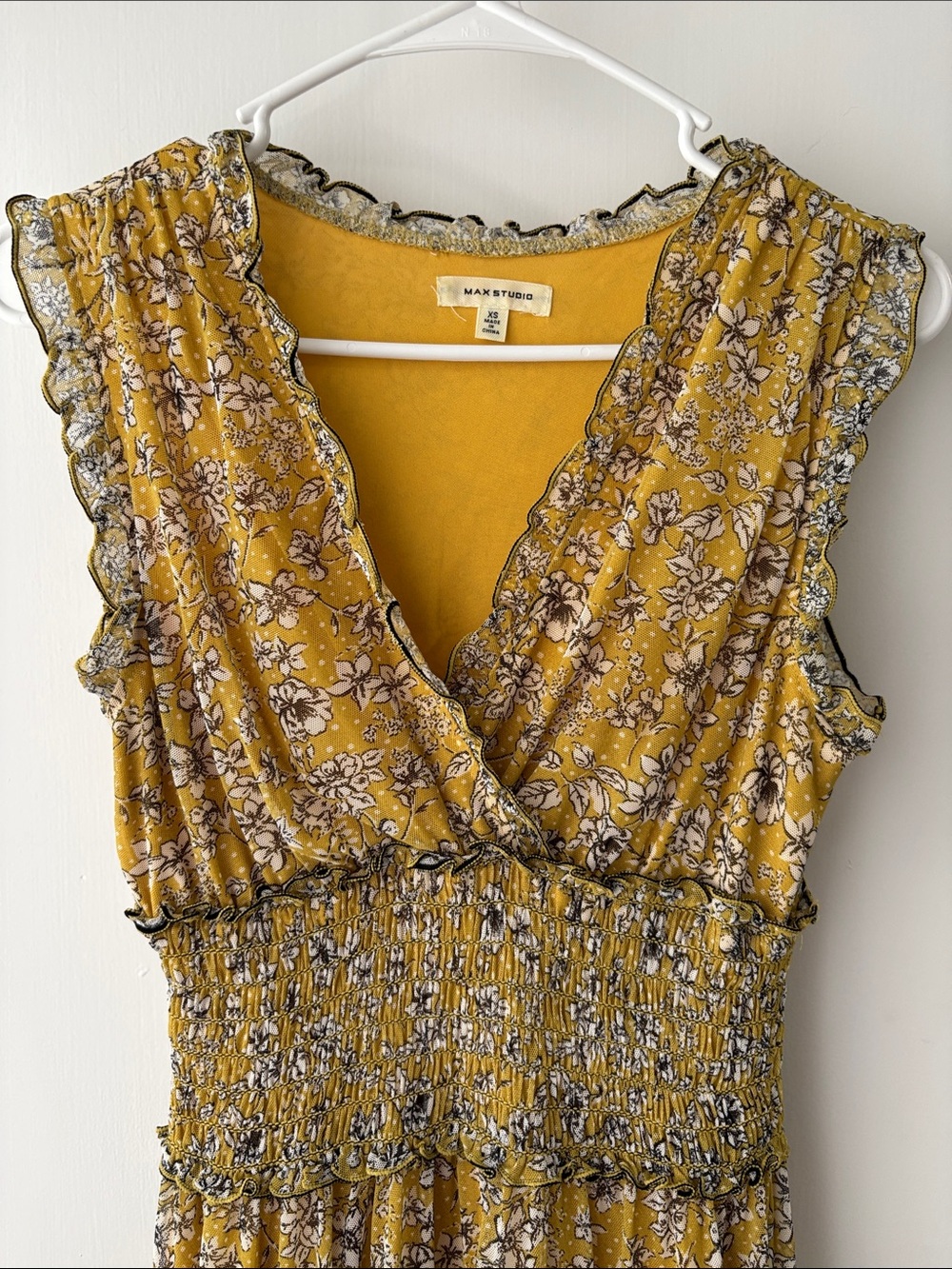 Max Studio Mustard Floral Smocked V-Neck Midi Dress - Picture 2 of 4